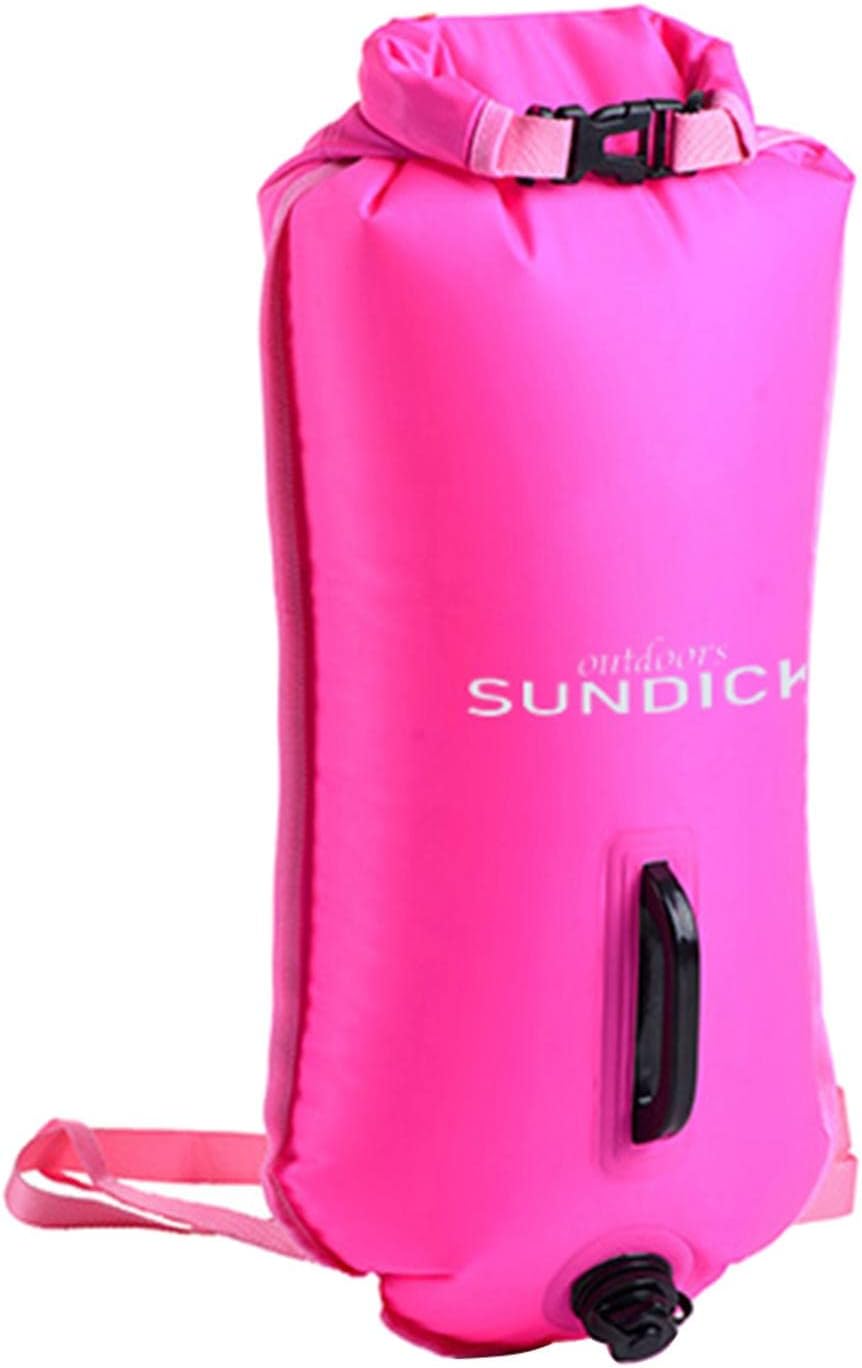 High Visibility Inflatable Pack Sack Buoy | Bright Color Float Drybag for Open Water Swimming & Kayaking | Floatation Device w/Adjustable Waistband | for Adults & Water Sports - Fluo Rosy