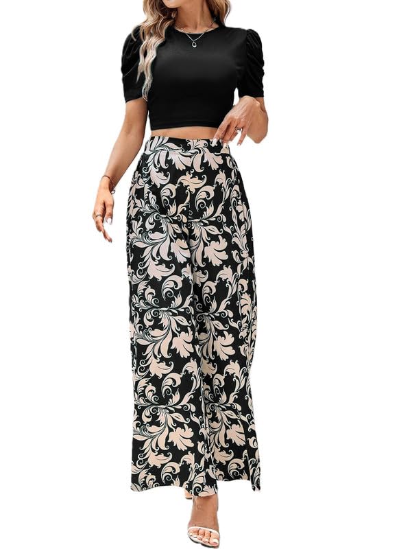 r r studio Women Floral Print Wide Leg Trousers High Waist Relaxed Fit Casual Party Evening Comfortable Pants-picture-47