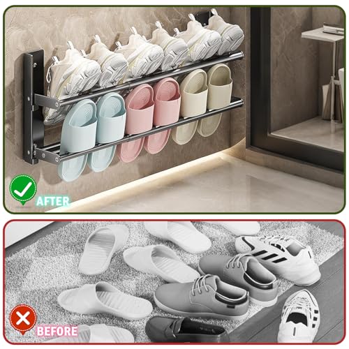 HMAKGG Schuhregal Wand Schmal, Schuhregal Metall Schwarz 2 Ebenen, 37-67cm Ausziehbar, Schuhaufbewahrung Platzsparend für 6 Paar Schuhe, Schuh Organizer für Wohnmobil Korridor Badezimmer