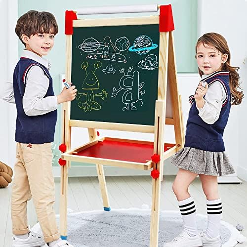 Kids Easel with Paper Roll Double-Sided Whiteboard & Chalkboard Adjustable Standing Easel with Numbers and Other Accessories for Kids and Toddlers (classic)