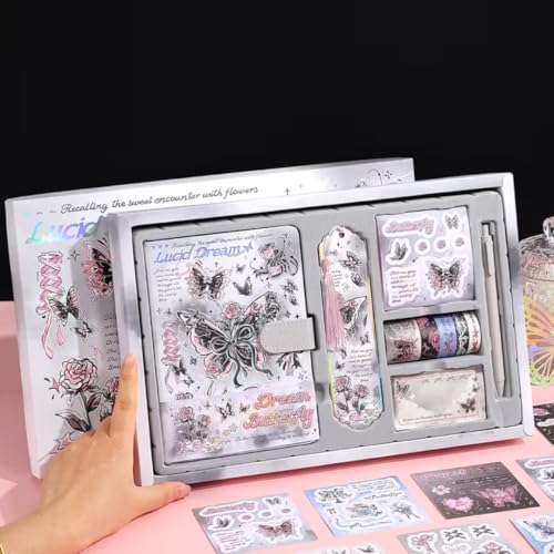 Image of PLUSPOINT Butterfly Aesthetic Scrapbook Kit for Girls - A5 Lock Diary with Stickers, Washi Tape, Memo Pads & Pen, Kawaii Journal Stationery Gift Set for DIY Scrapbooking