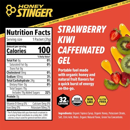 Image of Honey Stinger Strawberry Kiwi Energy Gel, Caffeinated & Gluten Free with Organic Honey, for Exercise, Running and Performance, Sports Nutrition for Home & Gym, Pre and Mid Workout, 24 Pack | sports-nutrition-endurance-and-energy-chews