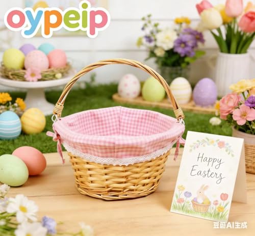 Image of Oypeip Easter Basket, Nature Easter Baskets for Kids, Large Wicker Easter Basket Empty with Handle, Basket Tags, Woven Rope Egg Easter Baskets for Boys Girls Babies Toddler Infant, picnic basket