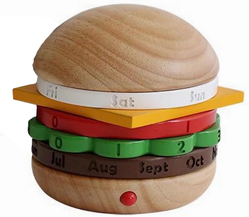 Wooden Rotating Burger Calendar – Unique Gift for Office & Home, Stylish Desktop Decor, Eco-Friendly Design, Functional Daily Planner, Fun Table Ornament, Perfect for Students & Professionals (Burlywood)
