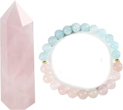 1pc Natural Healing Crystal Rose Quartz Wand Pink Crystal Column (5-6cm) for for Reiki Chakra Meditation, Natural Crystal Aquamarine and Pink Crystal Beaded Bracelet