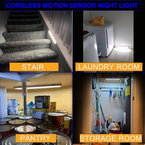 Image of Ultra-Bright 70LED Motion Closet Lights 2000mAh Rechargeable Large Battery Powered Long Lasting Wardrobe Lighting. Cordless Sensor Lamp for Kitchen Under Cabinet, Counter, Pantry. 6000k Cool White