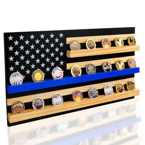 ASmileIndeep Solid Wood American Flag Challenge Coin Holder Wall Display Case, 3-Row Thin Blue Line Rack for 30 Military Coins, Ideal Shelf for Collectible Coins by ASmileIndeep - Used condition - US$37.48