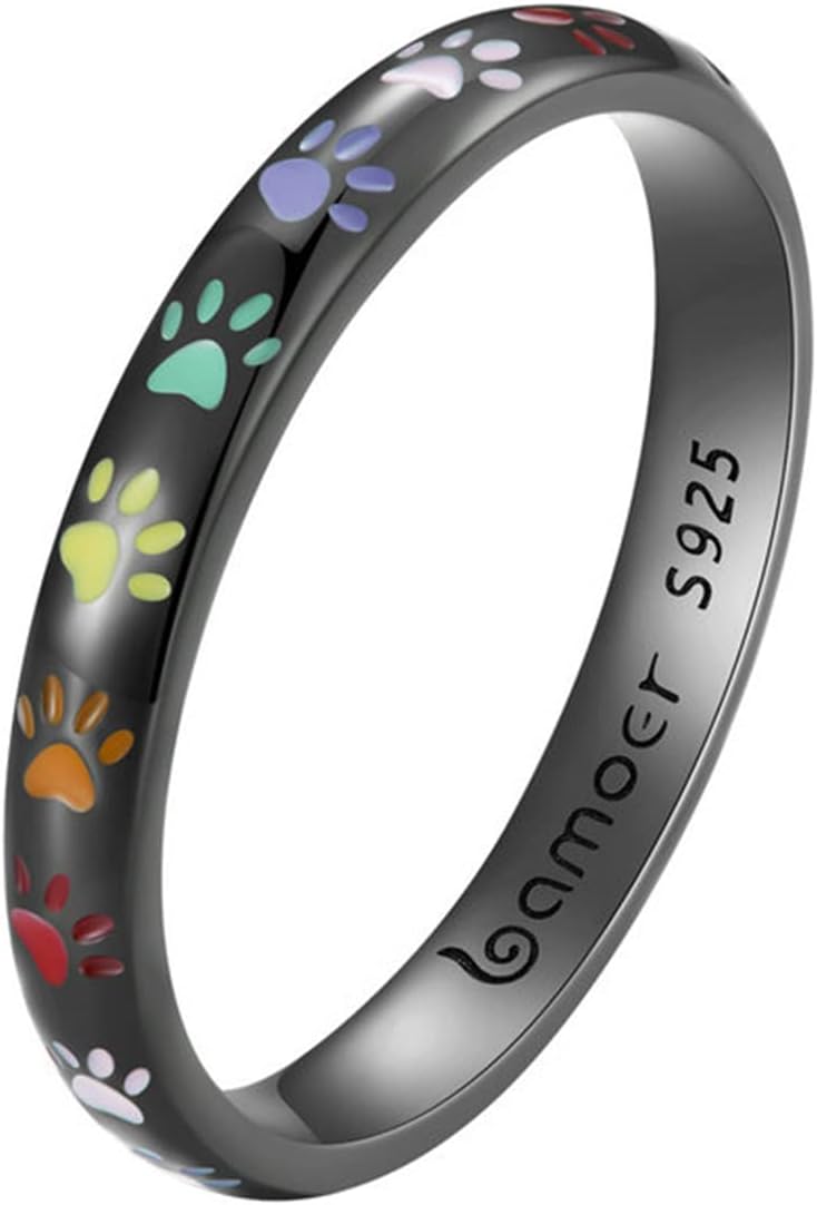 BISAER 3mm 3.4mm Paw Print Ring S925 Sterling Silver Ring Puppy Dog Cat Paw Ring, Multicolor Pet Print Enamel Ring for Women Size 5-10