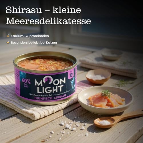 Moonlight Premium Nassfutter für Katzen, Nr.10 (24x80g Dose) - getreidefreie Rezeptur - Delikatesse im eigenen Saft - mit natürlichem Taurin, Thunfisch & Shirasu