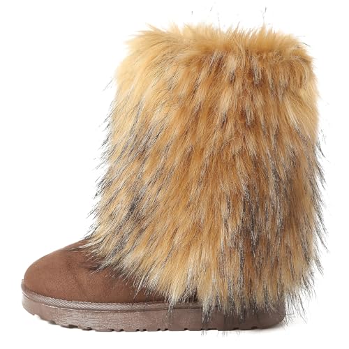 Women's Faux Fur Winter Snow Boot Fuzzy Fluffy Mid-Calf Snow Boots Suede Warm Fur Lined Booties Fashion Boots Suede Flat Ankle Boots Outdoor Indoor4