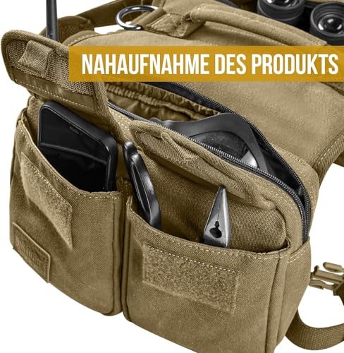 OneTigris Hundegeschirr mit Tasche, Hoppy Camper 3.0 Camping Wandern Hunderucksack für für Mittlere/Große Hunde, Rucksack für Hunderücken 2 Haupttaschen 4 Nebentaschen - Braun M
