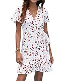 Naggoo Womens Short White Dress Floral Print Sexy V Neck Wrap Up Summer Dress White Floral Small