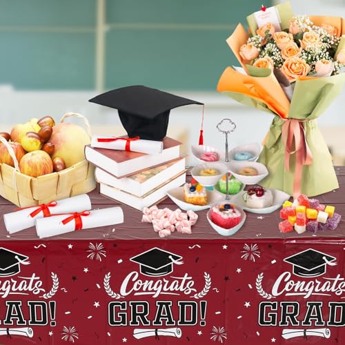 Image of Graduation Decorations 2026 - 3 PCS Maroon Graduation Tablecloths,Plastic Disposable Smoked Red Congrats Grad Table Cover for College PhD Party Decorations Class of 2026 Party Supplies,51.2x86.6inch