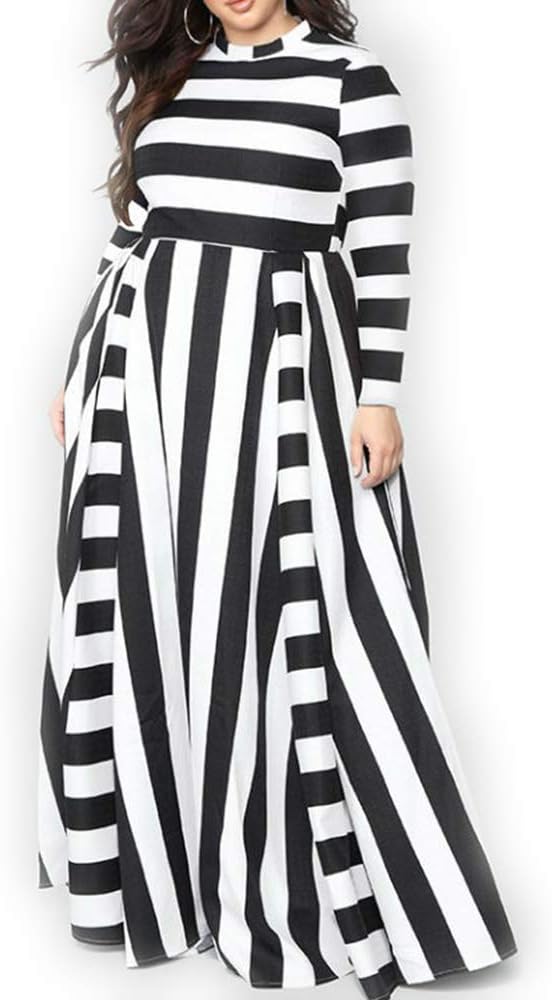 Women Plus Size Dress Long/Short Sleeves Stripes Party Dress Long Maxi Dress