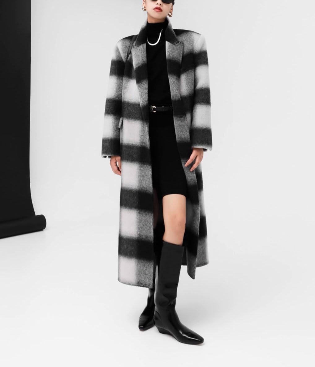 chouyatou Women's Elegant Plaid Wool Long Pea Coat Double Breasted Lapel Blazer Trench Coat Overcoat with Pockets - Image 2