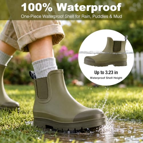 Image of planone Women's Fashion Waterproof Short Chelsea Rain Boots Durable Non Slip Ankle Rubber Boots Work Booties Lightweight Outdoor Garden Shoes with Removable Insole