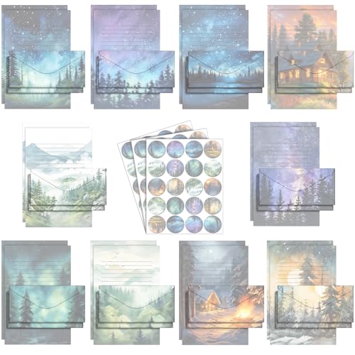 Image of TaoBary 160 Pcs Stationery Paper Kit 50 Double Sided Stationery Papers with 50 Matching Envelopes and 60 Round Dot Sticker, 10 Design(whimsical Watercolor Illustration Starry Night, 8.5 x 11 Inch)