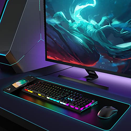 Rgb Gaming Mouse Pad With 15W Fast Wireless Chargering, Extened Large Rgb Gaming Mouse Pad,For Home&Office,10 Lighting Modes,Support Qi Fast Charging For Mobile Phone Devices,31.5"X11.8" #TOP5