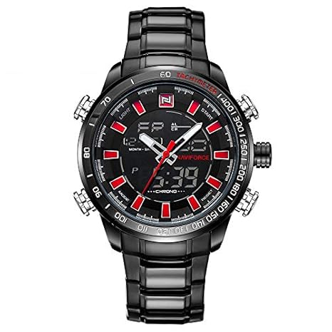 Full Black Red Pointers Stainless Steel Watch for Men & Boys + Kids Sport Watch
