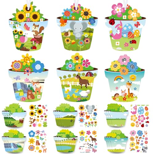 Pasimy 24 Pcs Spring Craft Kits for Kids DIY Spring Flower Pot Shaped Craft Make Your Own Flower Pot Paper Craft Set Spring DIY Art Craft Kits for Home Class Game Activities Kindergarten