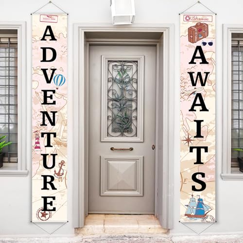 Adventure Awaits Bon Voyage Banner Garland Party Decoration Set Travel Themed Porch Sign Adventure for Indoor/Outdoor Retirement Moving Relocation Travel Wedding Bachelorette Party Decorations (Khaki