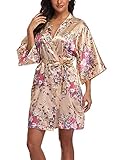 M.Mystery Women's Floral Robe Short Silk Bridal Bathrobe Satin Kimono Wedding Sleepwear Champagne