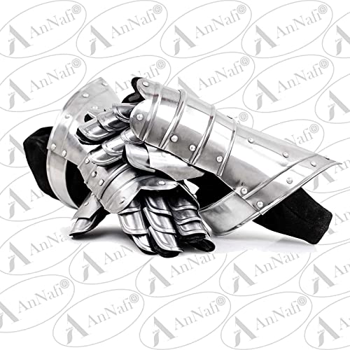 Image of AnNafi Medieval Iron Gorget Spaulders Arm Shoulder + Handcrafted Leather Gauntlet Gloves Steel Armor and Leather Hand Protective Gloves Set, Adult Cosplay Outfits LARP Renaissance Accessories