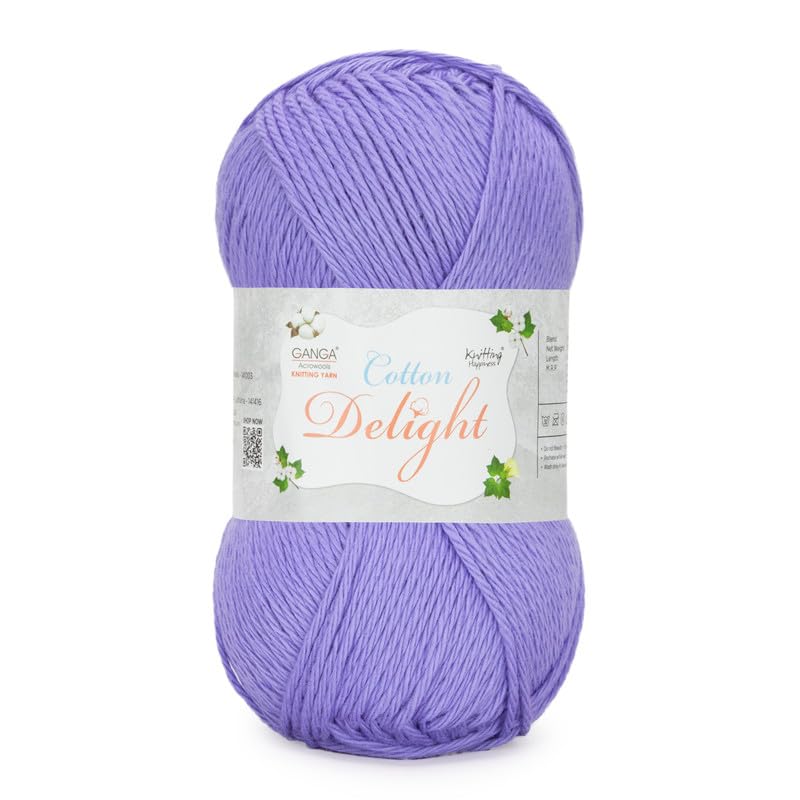 Image of Ganga Acrowools Cotton Delight, Dk Weight Cotton Yarn, Oekotex Class L Certified 100G, 169M, Pack of 1 Ball - 100gm Each, Shade No. - COD078 Soft Lavender