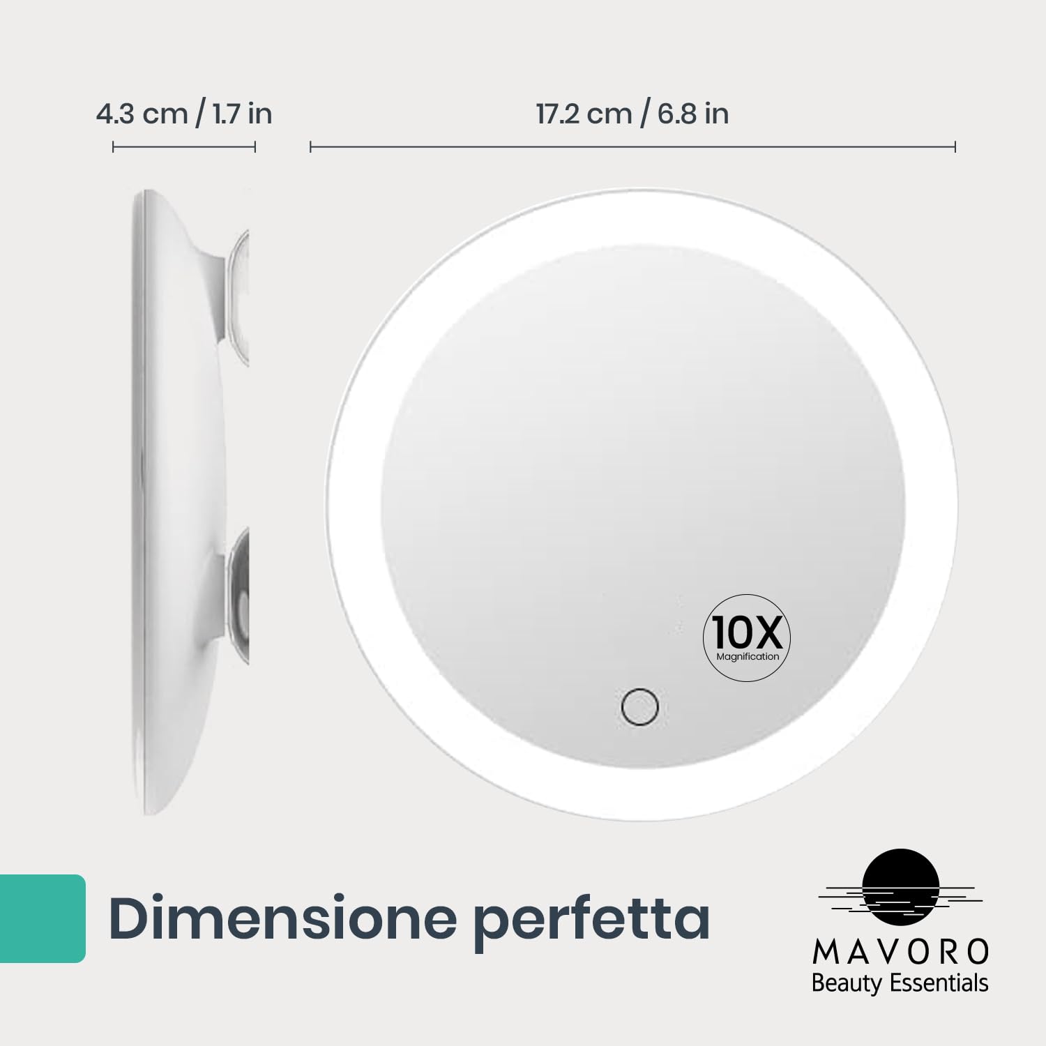 Mavoro Specchio Ingranditore LED 17 cm con 3 ventose forti | Ingrandimento 10X | Specchio trucco & cosmetico da viaggio portatile illuminato (batteria integrata ricaricabile USB-C | 10X)