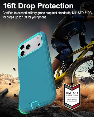 Image of for iPhone 17 Pro Max Case with Port Cover, Rubber Matte, Teal | 3-Layer Heavy Duty Armor, 16ft Drop Protection, Non-Slip Shockproof & Anti-Fingerprint