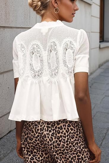 MISSACTIVER Women Lace Trim Short Sleeve Blouse Swing Crew Neck Ruffle Hem Mesh Shirts Summer Loose Poplin Babydoll Tops2