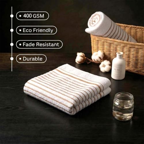 Image of Athom Living Premium Hand Towels- Cotton, 400 GSM, Ultra Soft, Quick Dry, Highly Absorbent | for Hand, Kitchen and Gym | 60 * 40 cm, Pack of 4 (White with Brown Strips)