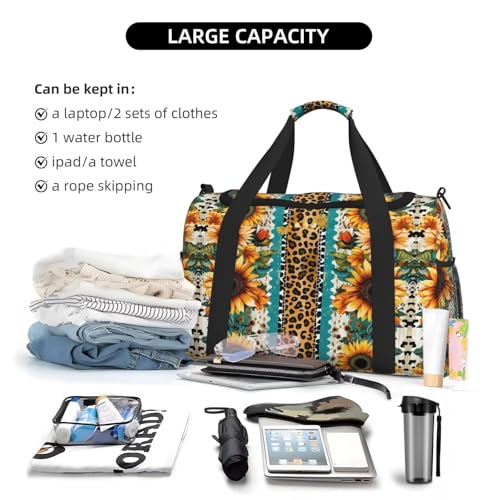 Foldable Travel Duffel Bag for Men and Women Ethnic Sunflower Leopard Pattern Overnight Bag Cheetah Workout Duffle Sports Bag Lightweight Weekender Bag for Airplane for Trip, Gym, Yoga4