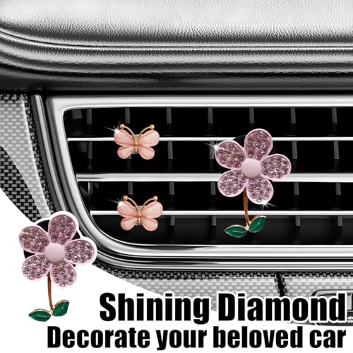 Image of 3PCS Bling Car Air Vent Clips, Butterfly Flower Rhinestone Vehicle Conditioning Outlet Clamps, Diamond Vent Clip Charm Decoration for Women Girls, Universal Automotive Accessories (Pink)