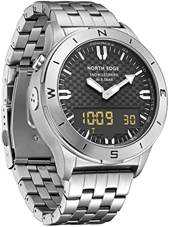 HOOSHU Men's Tactical Sports Military Watch Large Face Watch Outdoor Sports 50M Waterproof Wristwatch Analog Digital Watches for Men with Compass Stopwatch Altimeter Thermometer Barometer North Edge SNOW LEOPARD Watch (Silver)