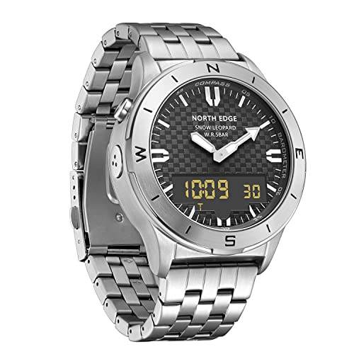 Hooshu Men's Tactical Sports Military Watch Large Face Watch Outdoor Sports 50M Waterproof Wristwatch Analog Digital Watches For Men With Compass Stopwatch Altimeter Thermometer Barometer North Edge Snow Leopard Watch (Silver) #TOP18