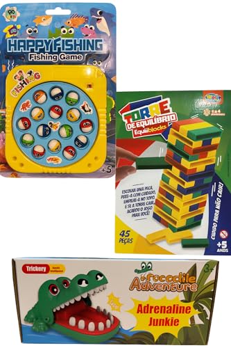 Brinquedos Interativos para Crianças – Pesca, Torre Maluca e Crocodilo Adventure – Kit 3 Brinquedos Divertidos e Educativos para +5 anos