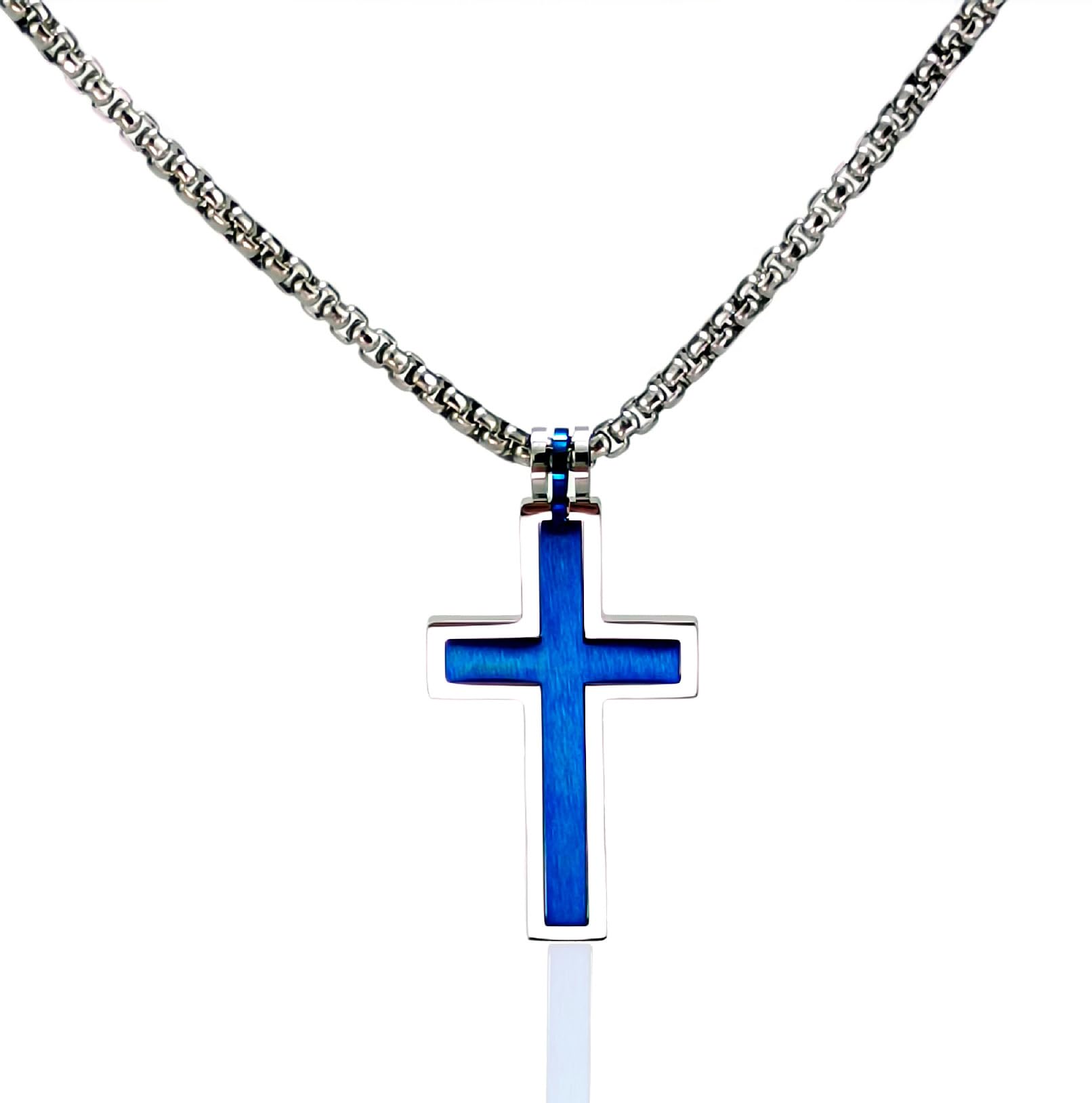 Yahoya Men's Blue Stainless Steel Cross Jesus Pendant Christian Prayer Amulet Necklace Vintage Catholic Believer Jewelry For And Wo