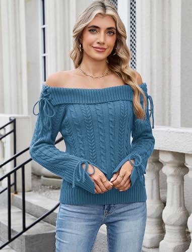 ZAFUL Women Off Shoulder Sweaters Long Sleeve Cable Knit Slim Fit Ribbed Knit Tops Pullover Sweaters4