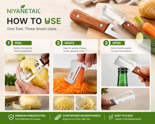 Image of 1 Pack Multifunctional Vegetable Peeler for Kitchen 3 in 1 Stainless Steel Fruit & Vegetable Peeler with Wooden Handle, Built-in Grater & Bottle Opener for Potato, Carrot, Apple & Cucumber