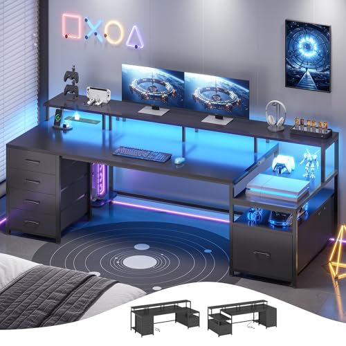 Image of SEDETA 75'' Computer Desk with 5 Drawer, Power Outlet & Led Lights, Home Office Desk with File Drawer, Storage Shelves, Printer Cabinet and Monitor Shelf, 23.6 inch W Large Desktop Gaming Desk, Black
