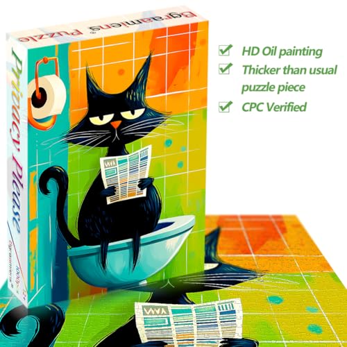 Bgraamiens Privacy Please 1000 Piece Jigsaw Puzzle – Funny Cat on Toilet with Newspaper – Whimsical Bathroom Humor Puzzle for Adults, Vibrant Colors, Challenging and Relaxing by Bgraamiens - Image 2