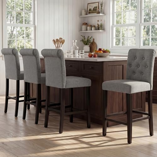 GOTMINSI 24inch Counter Height Bar Stool, Set of 4 Counter Height Chairs for Kitchen Island Upholstered Back Bar Chairs Fabric Barstool with Button Tufted Decoration Leisure Style (Grey)
