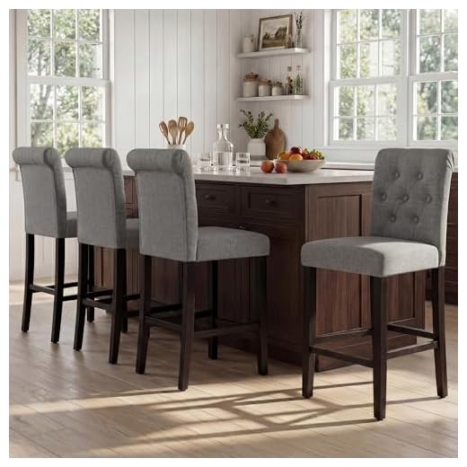 GOTMINSI 24 Inch Fabric Counter Stools,Set of 4 Upholstered Back Counter Height Chairs with Button Tufted Decoration Leisure Style Counter Bar Stools Home Kitchen Island Wooden Bar Chairs(Grey)