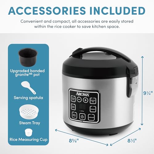 Image of AROMA 8-Cup (Cooked) / 2 Qt. Digital Rice & Grain Multicooker, Durable Nonstick Inner Pot, Oatmeal, Steam, White & Brown Rice, Keep Warm