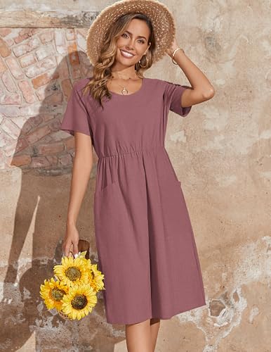Image of Zeagoo Summer Ethnic Dress Short Sleeve Floral Summer Midi Dress Hawaiian Dresses A-Line Gauze Modest Dress with Pockets,Red,S