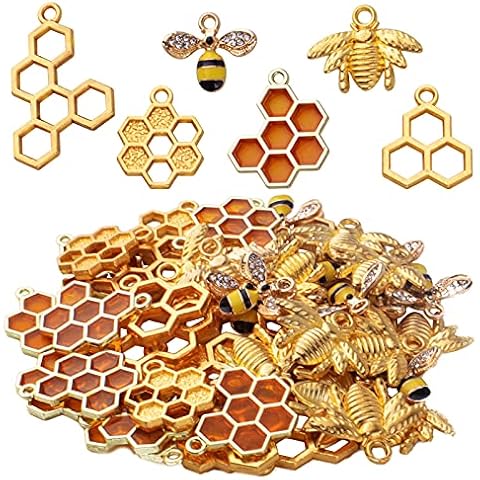 BronaGrand 50pcs Honeycomb Bee Charms Enamel Rhinestone Alloy Honeybee Charms Pendants for DIY Necklace Earrings Bracelet Jewelry Making Accessories Cover