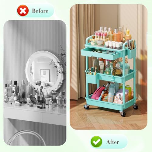 Image of SUNALLY Makeup Cart Organizer with Drawer, 3 Tier Rolling Makeup Cart, Blue