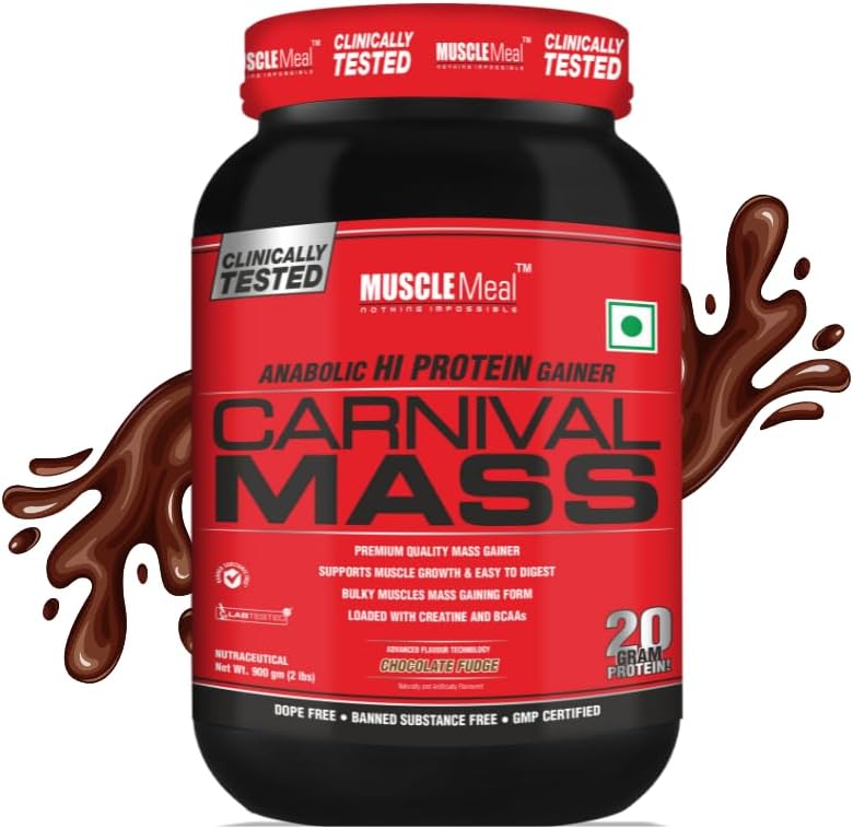 MUSCLE MEAL | Anabolic Hi Protein Gainer | Carnival Mass | Chocolate Fudge | Whey Protein | Mass Gainer | Easy to Digest | Creatine & BCAAs | 20g Protein/100g | 900g