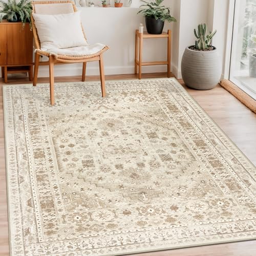 Capslpad alfombra vintage beige salón 120x180 cm retro antideslizante pelo corto lana sintética lavable suave dormitorio oficina comedor